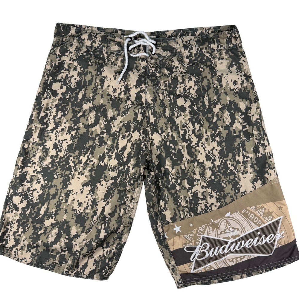 Budweiser Mens XL Digital Camo Board Shorts Green Swim Trunks Logo Mesh Lining